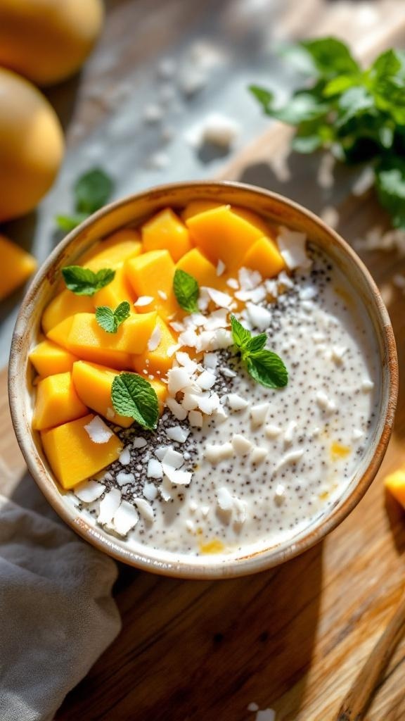 A bowl of mango chia seed pudding topped with fresh mango, coconut, and mint leaves.