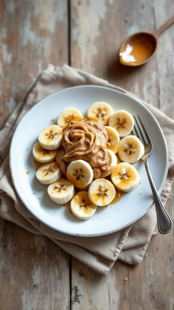 A plate of banana slices topped with nut butter, arranged beautifully on a wooden table.