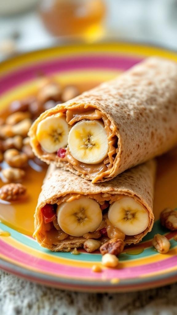 Nut butter banana wrap with banana slices and nuts on a plate