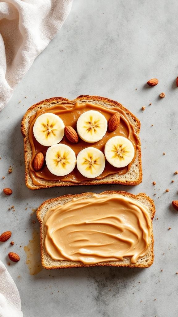 A slice of bread with peanut butter, banana slices, and almonds on a marble surface.