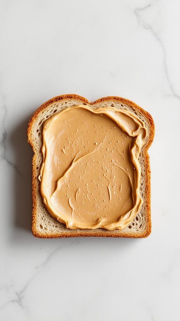 A slice of whole grain bread with creamy nut butter spread on top.