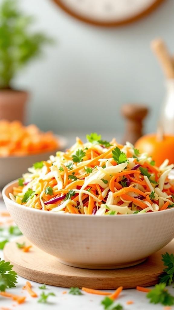 A colorful bowl of cabbage slaw with carrots and herbs.