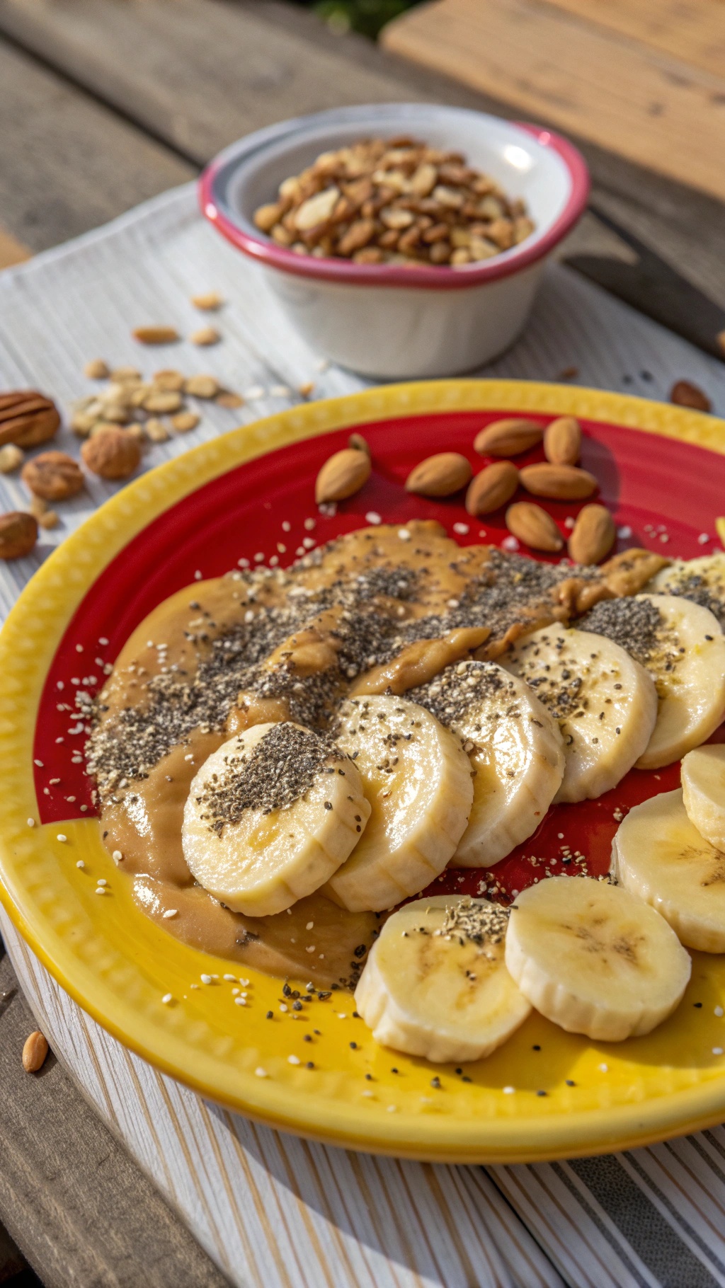 A colorful plate with banana slices topped with almond butter and chia seeds.