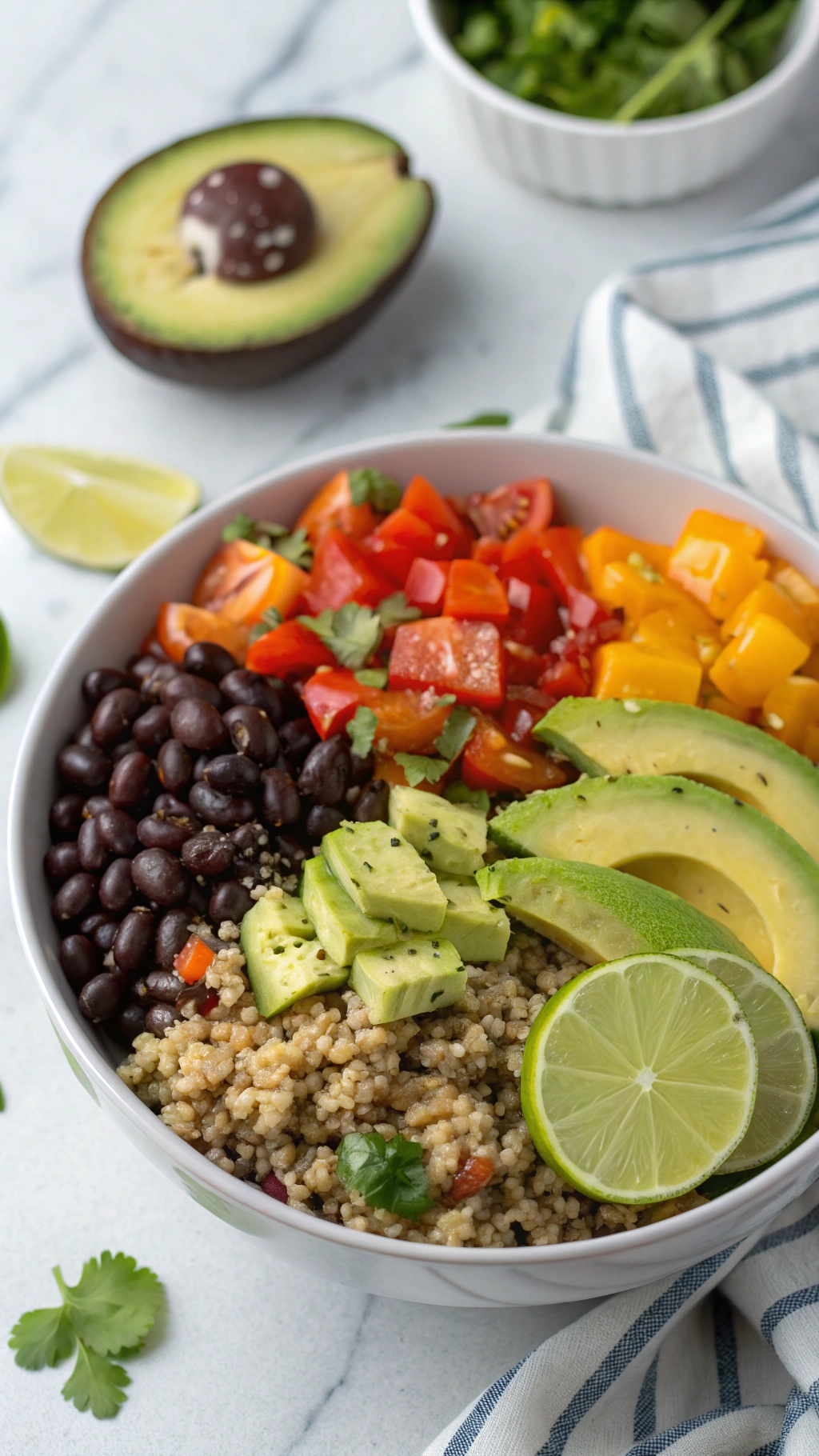 A colorful quinoa and black bean bowl with fresh vegetables and avocado slices