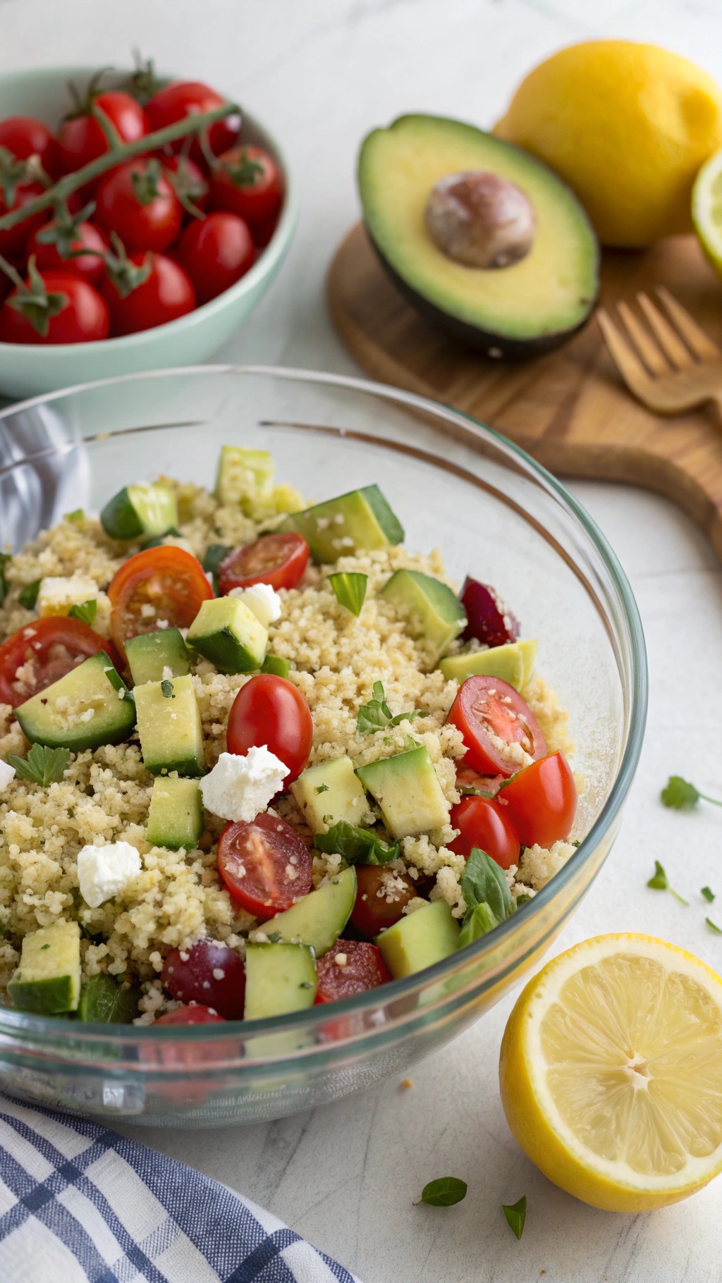 A bowl of quinoa salad with avocado, cherry tomatoes, cucumbers, and feta cheese, garnished with lemon.