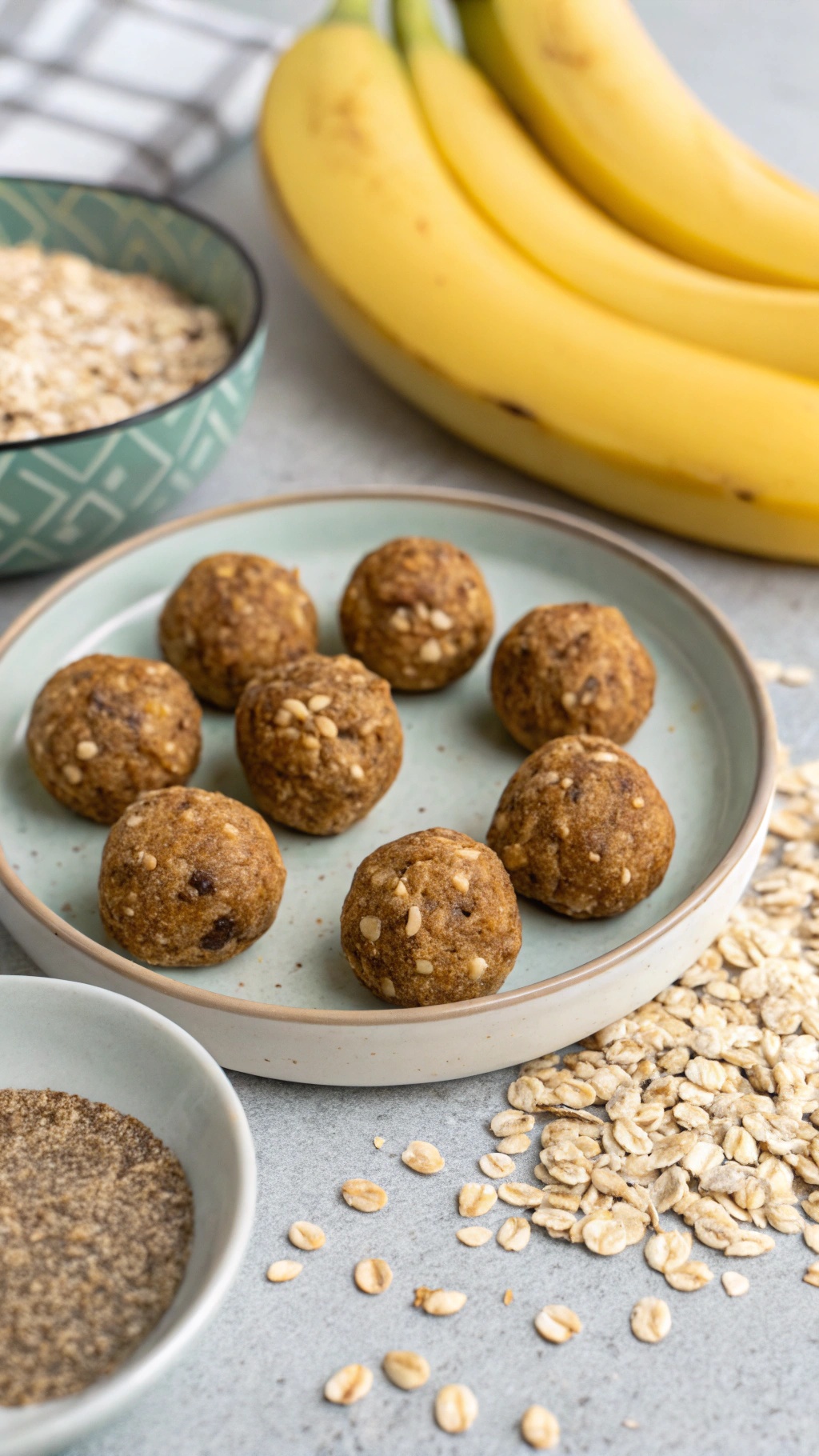 Nutritious banana energy bites on a plate with fresh bananas and oats in the background.