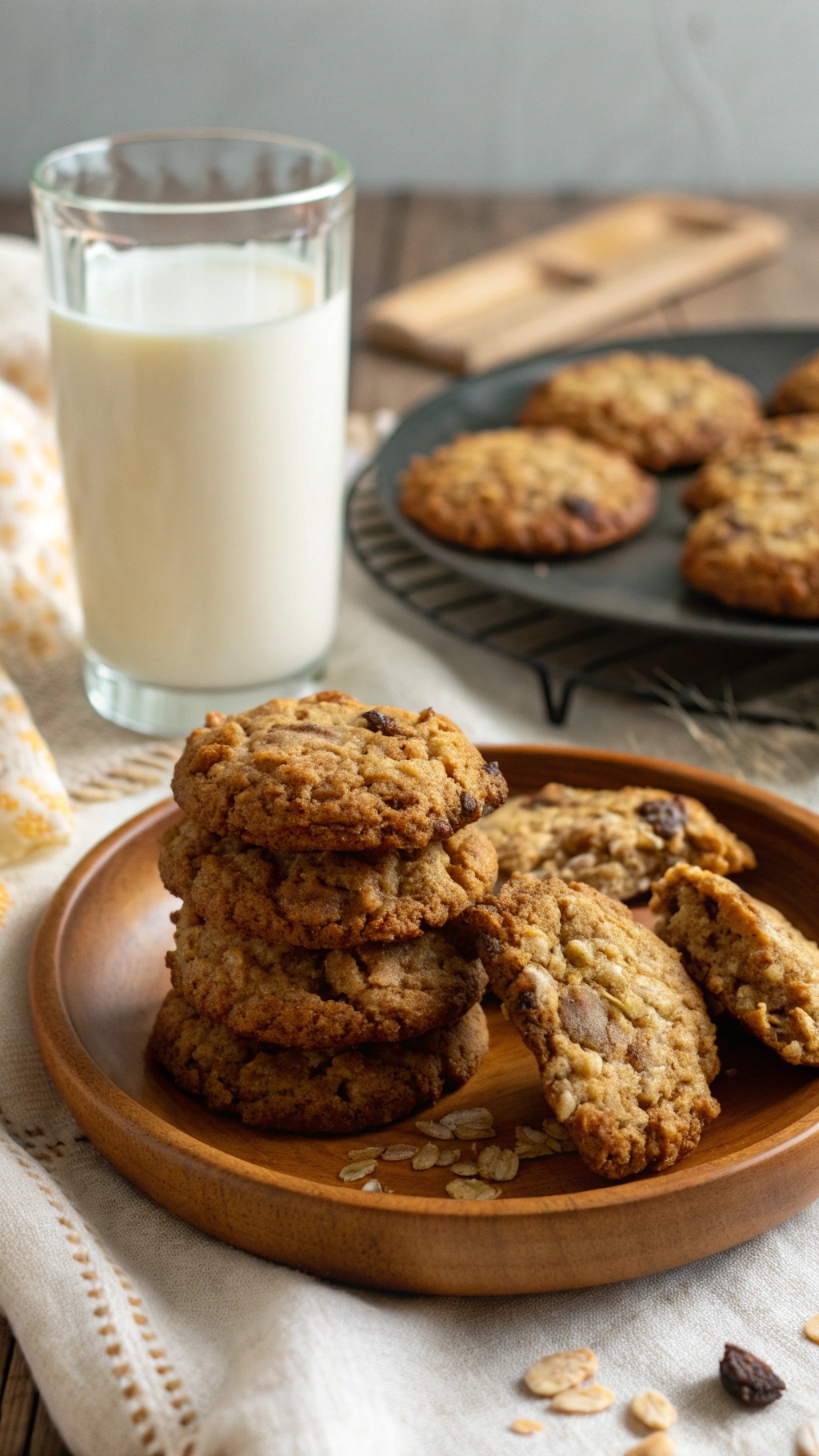 Nutritious banana oatmeal cookies stacked on a wooden plate with a glass of milk