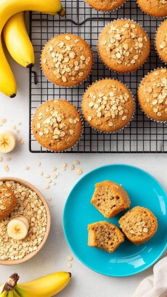 Freshly baked banana oatmeal muffins on a cooling rack with bananas and oats in the background.