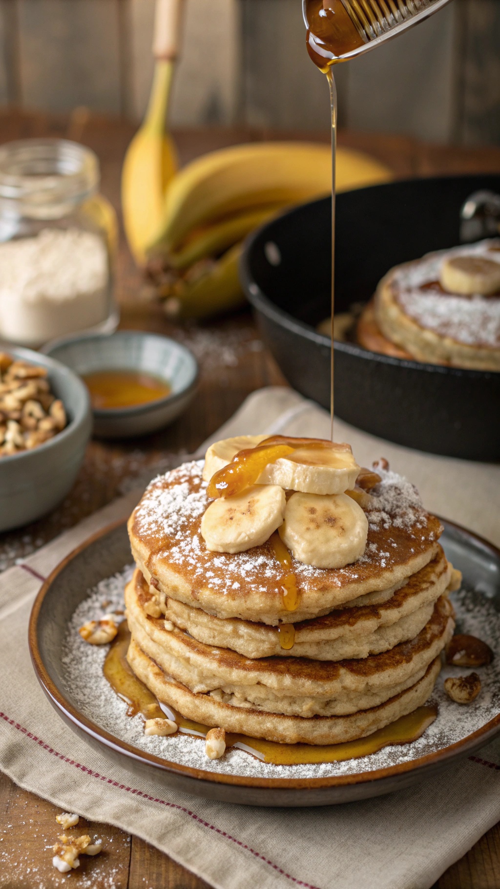 A stack of banana oatmeal pancakes topped with banana slices and syrup, with ingredients in the background.