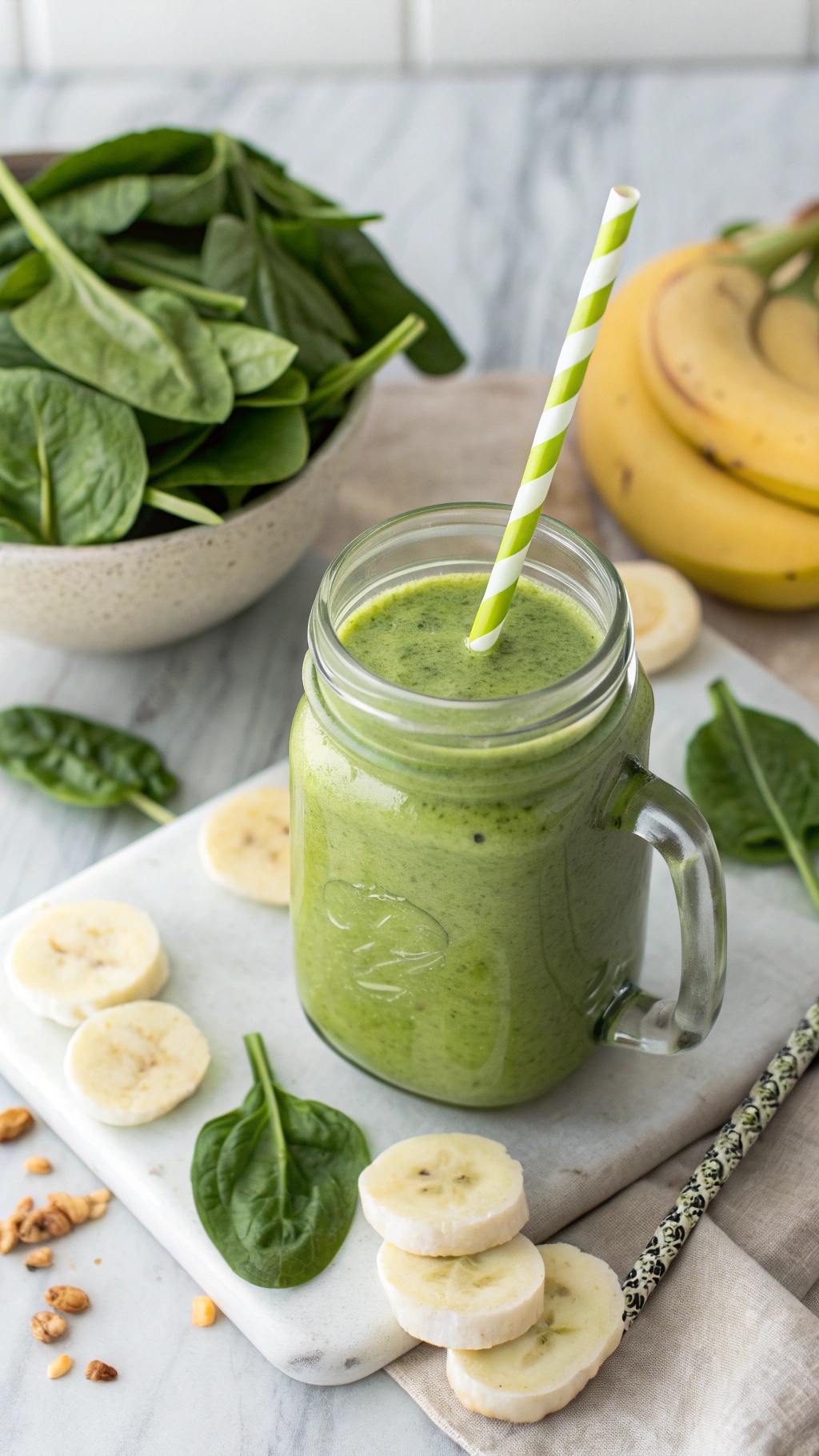 A green smoothie made with banana and spinach, served in a mason jar with a straw, surrounded by fresh spinach and banana slices.