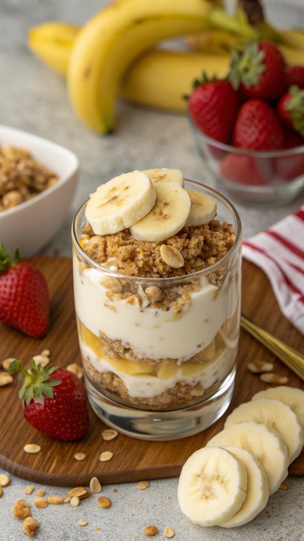 A delicious banana yogurt parfait layered with yogurt, bananas, and granola, garnished with fresh strawberries.
