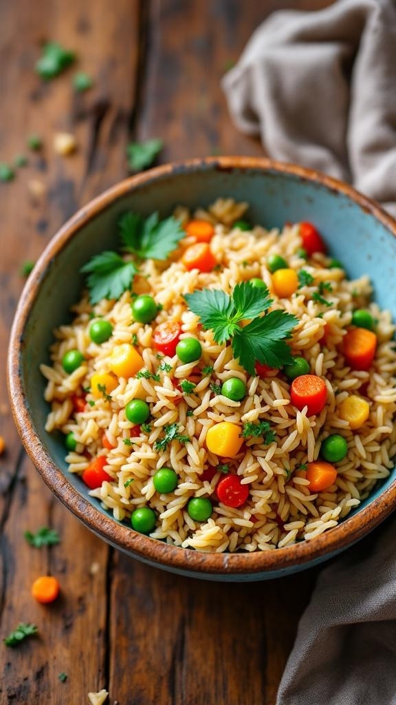 A bowl of colorful brown rice and vegetable pilaf with peas, carrots, and bell peppers.