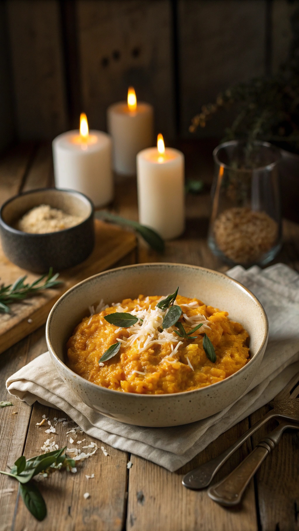A bowl of creamy butternut squash risotto topped with herbs and cheese, surrounded by candles and a rustic wooden table.