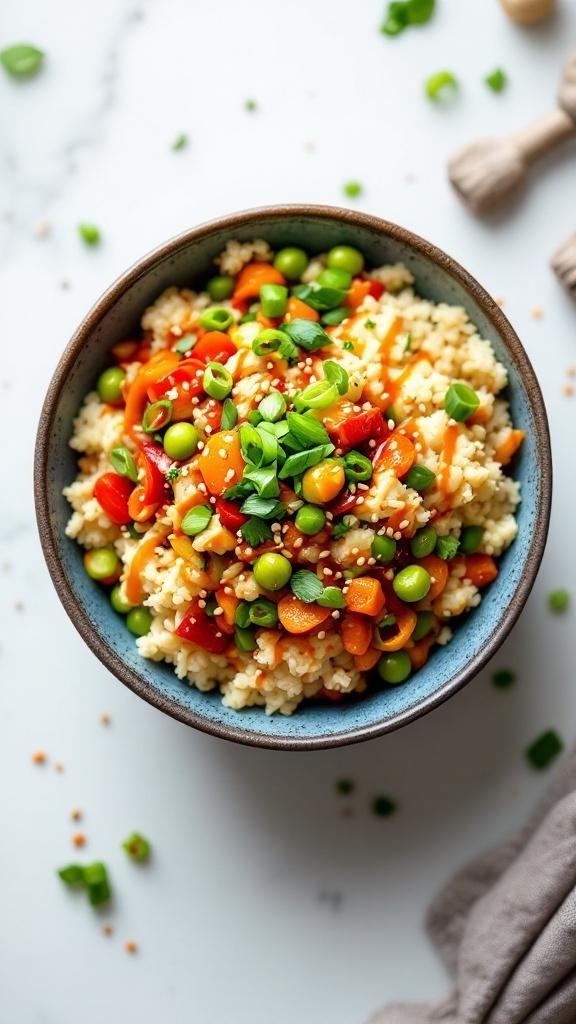 A colorful cauliflower rice bowl topped with mixed vegetables and green onions.