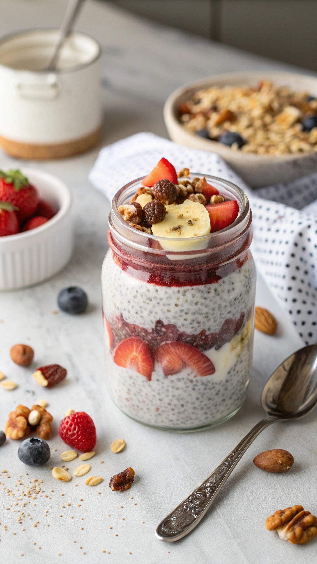 A jar of chia seed pudding topped with strawberries, blueberries, and granola, surrounded by nuts and fresh fruits.
