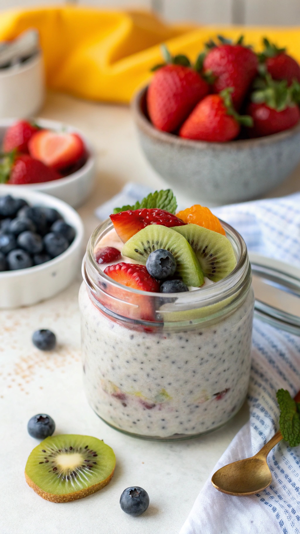 Chia seed pudding topped with fresh fruits like strawberries, blueberries, kiwi, and mandarin slices in a jar.