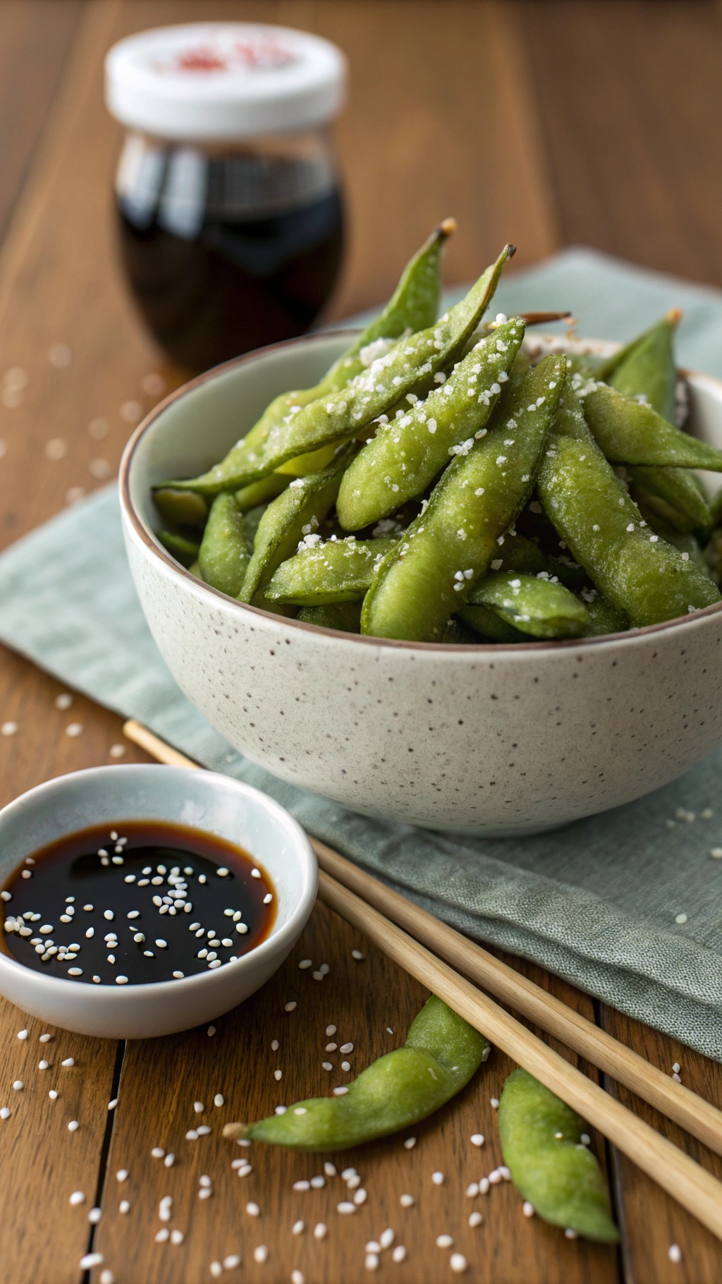A bowl of edamame sprinkled with sea salt, accompanied by a small dish of soy sauce and chopsticks.