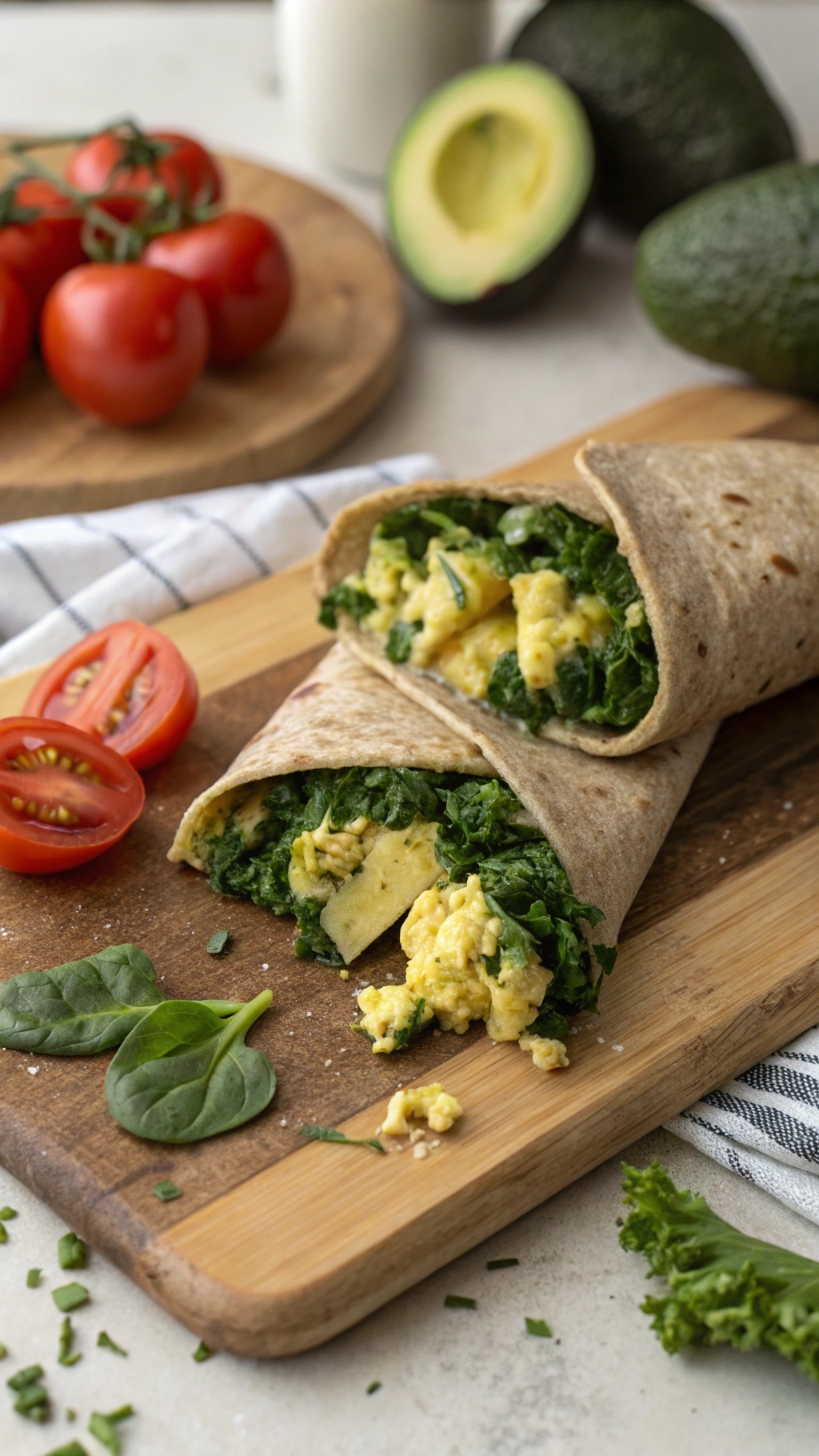Nutritious egg and kale breakfast wraps with fresh tomatoes and avocado
