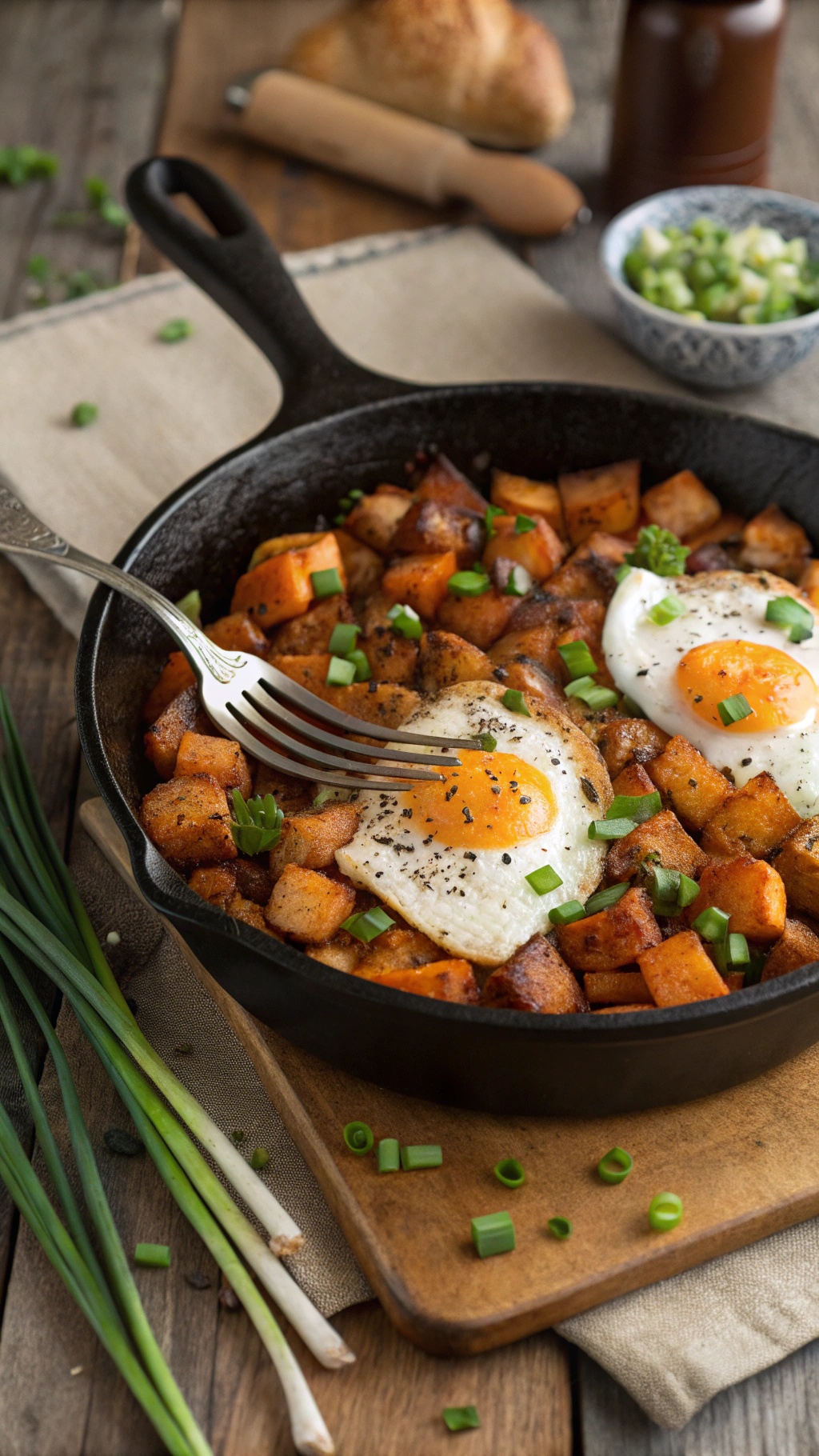 A delicious egg and sweet potato hash in a cast iron skillet, topped with green onions.