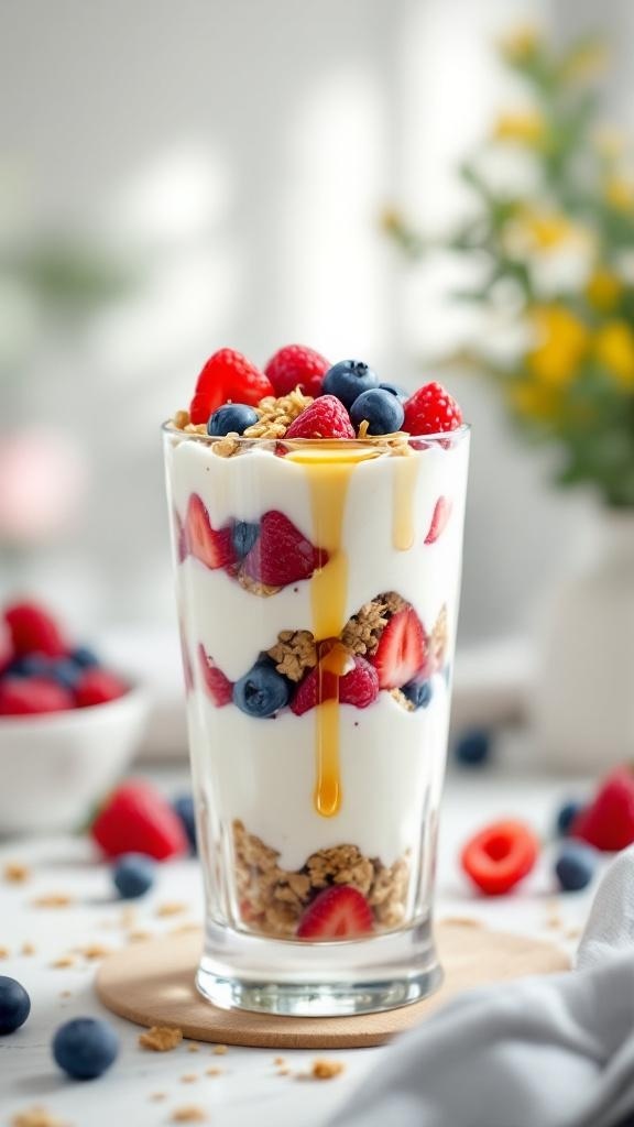 A colorful Greek yogurt parfait with layers of yogurt, granola, and mixed berries, topped with honey.