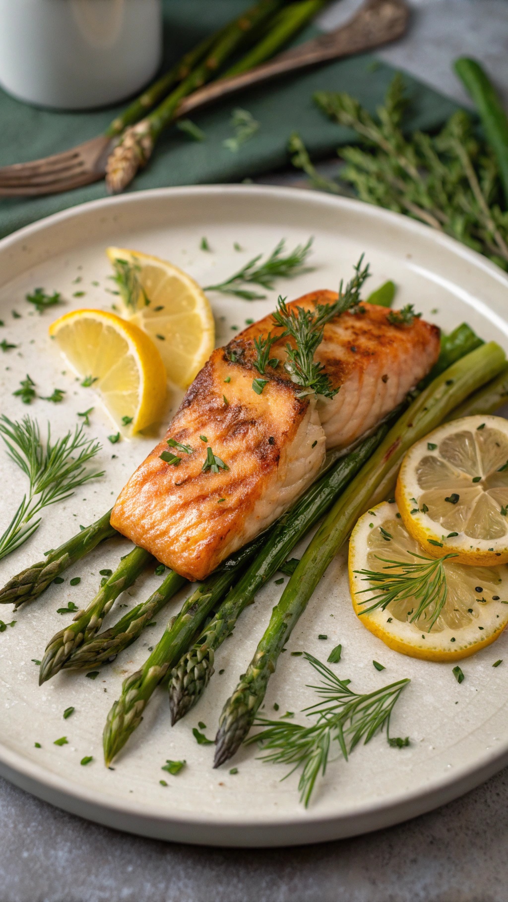 Grilled salmon fillet served with asparagus and lemon slices on a plate.