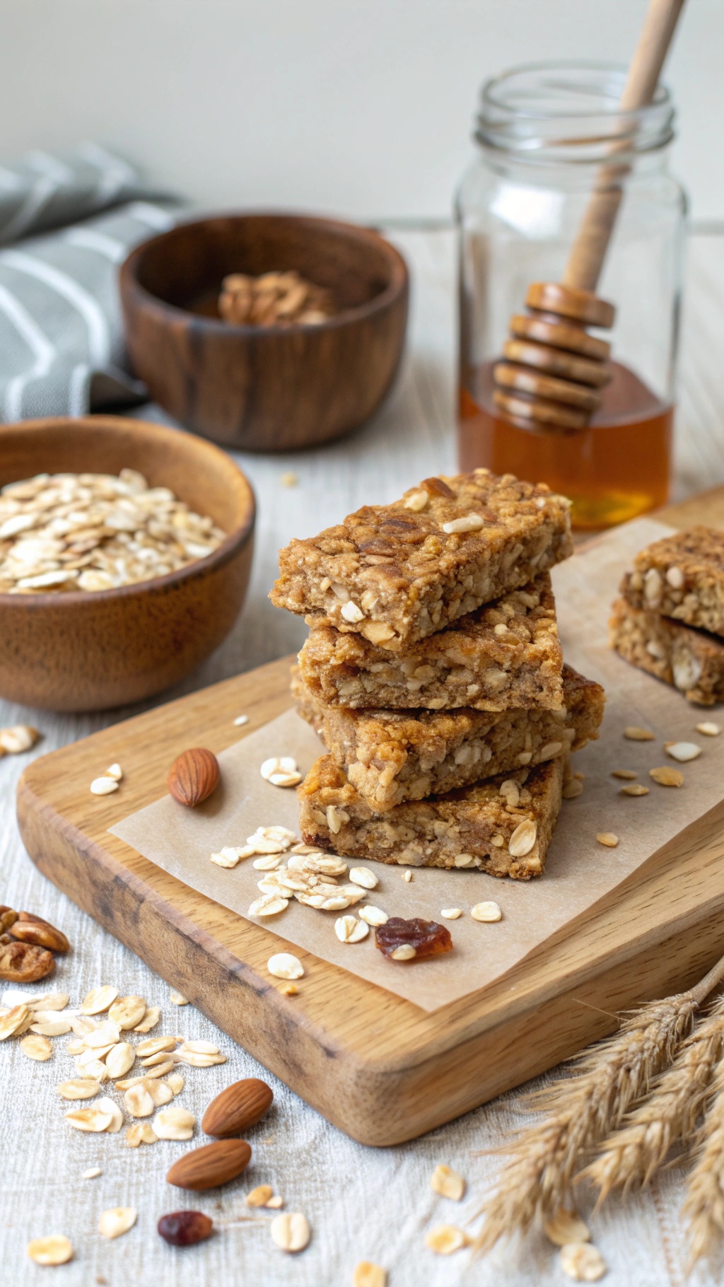 Homemade granola bars stacked on a wooden board with oats and nuts around them.