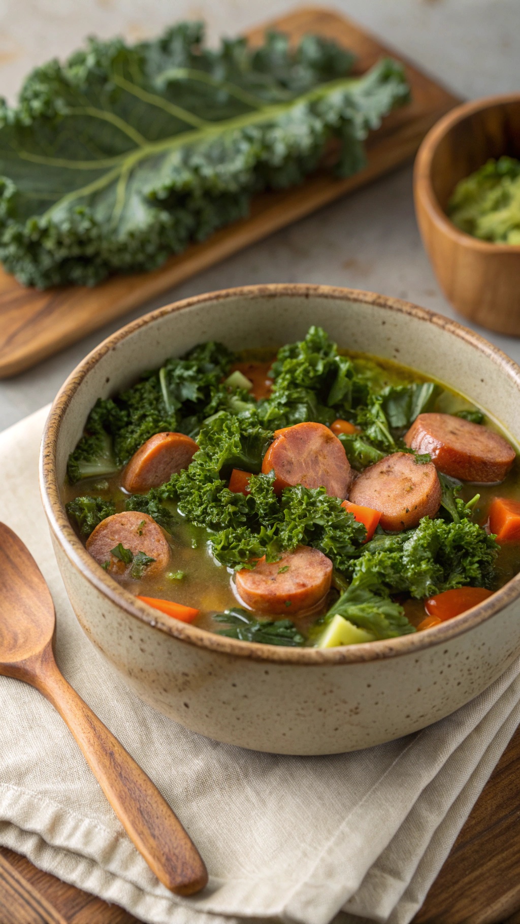 A bowl of kale and sausage soup with fresh ingredients in the background.
