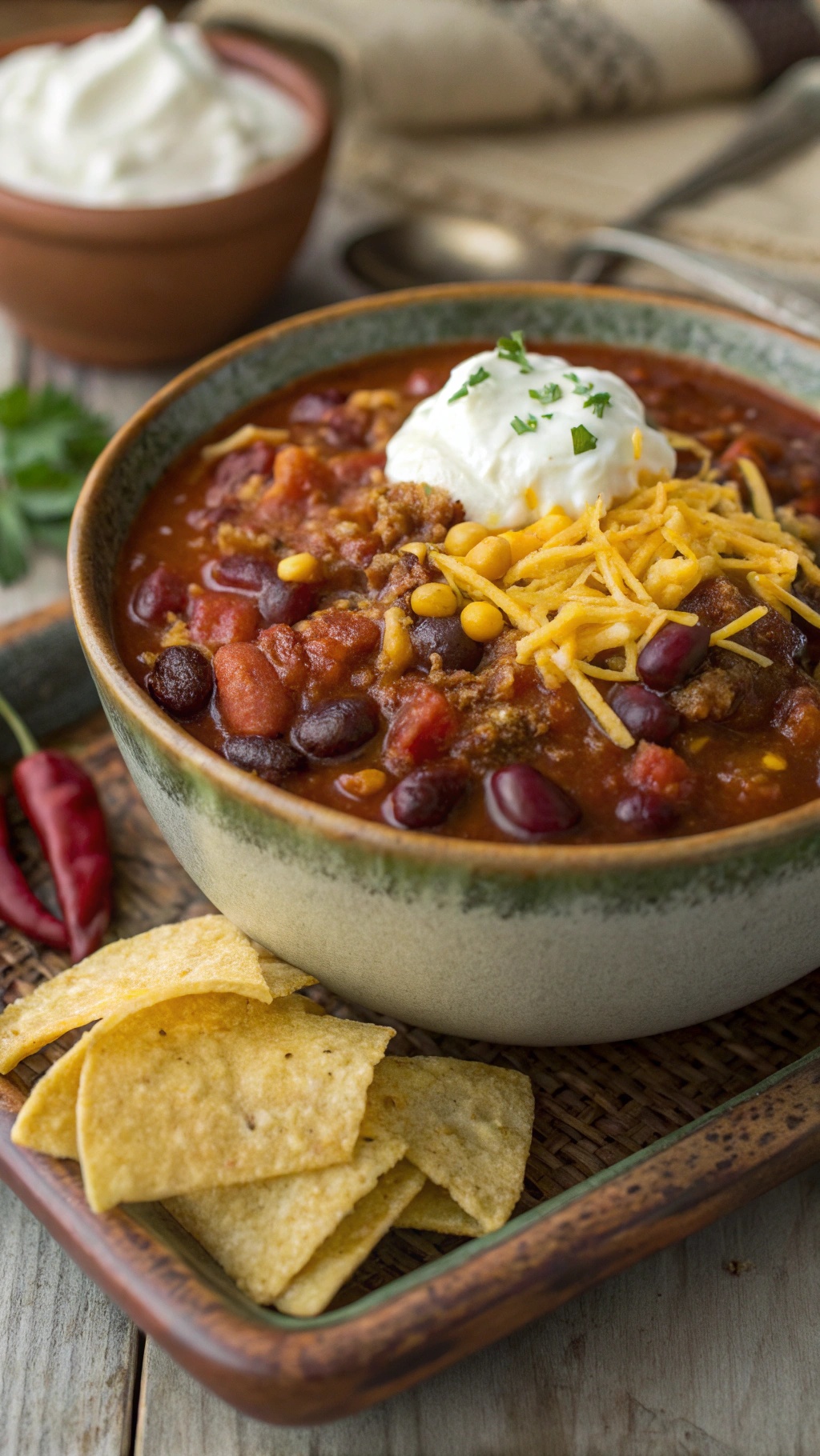 A bowl of mixed bean chili topped with cheese and sour cream, served with tortilla chips.