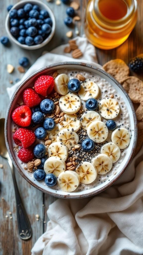 A bowl of overnight oats topped with sliced bananas, blueberries, raspberries, and granola, with honey on the side.