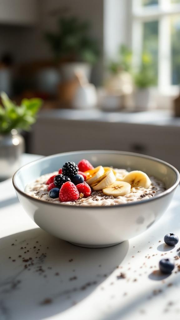 A bowl of overnight oats topped with banana slices and mixed berries.