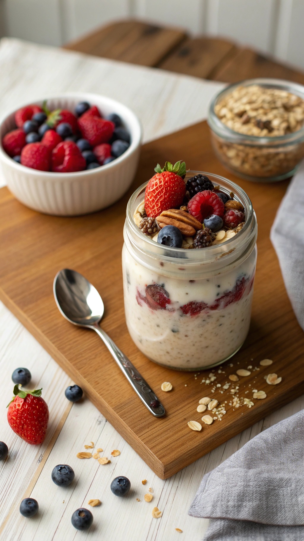 A jar of overnight oats topped with fresh berries and nuts, with a bowl of berries in the background.