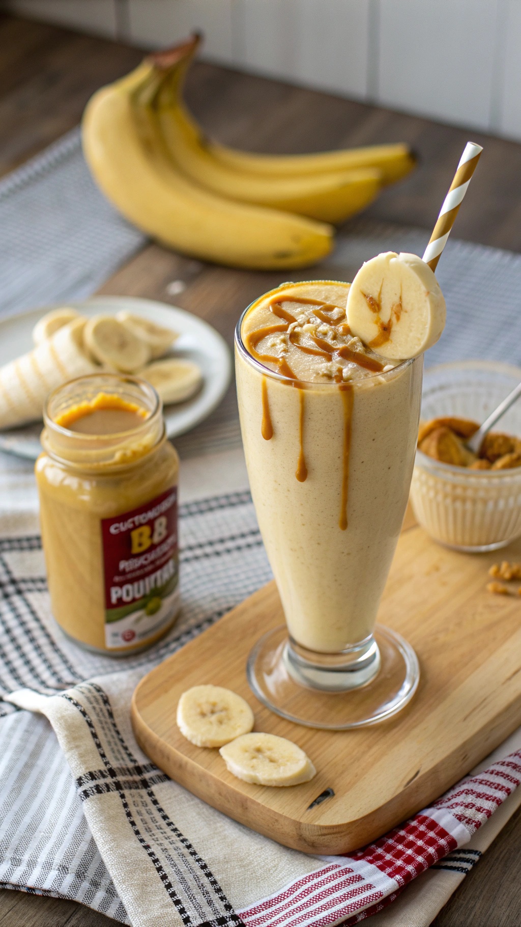 A delicious peanut butter banana smoothie in a tall glass with a slice of banana on top, surrounded by fresh bananas and a jar of peanut butter.