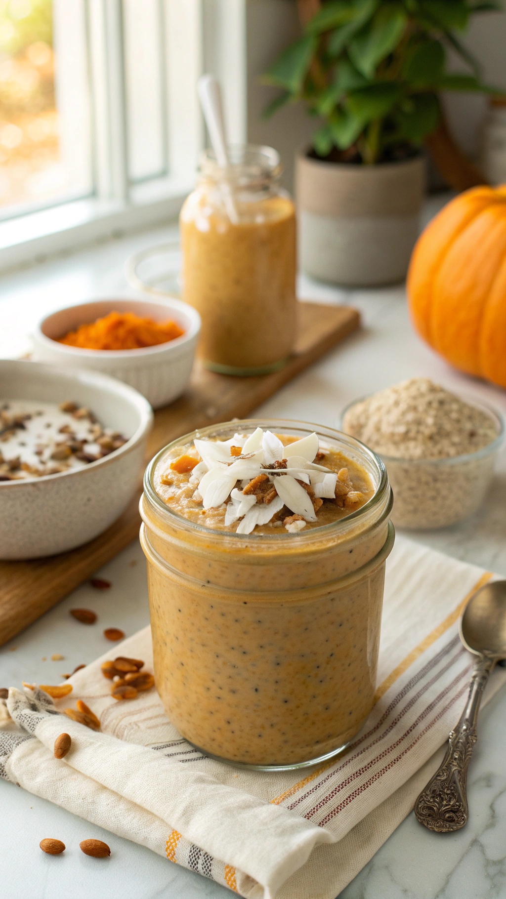A jar of pumpkin chia seed pudding topped with coconut flakes and edible flowers, surrounded by colorful flower petals.