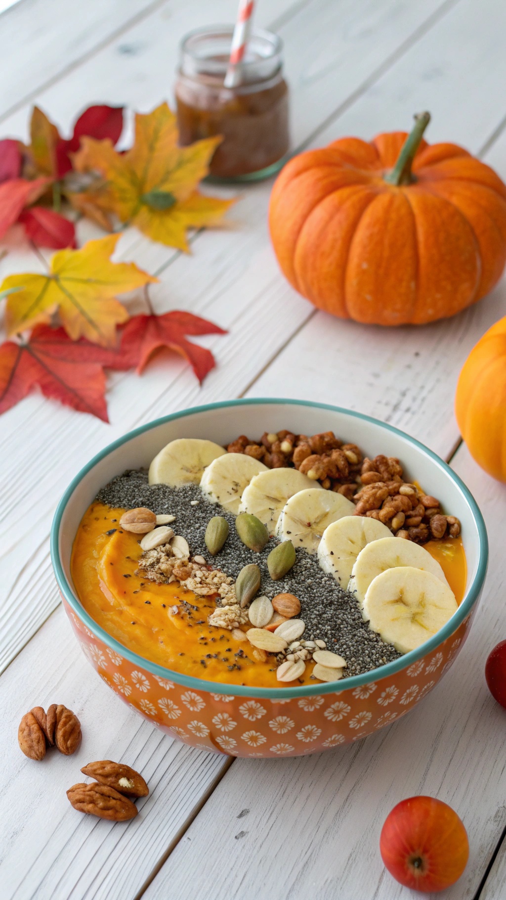 A nutritious pumpkin smoothie bowl topped with banana slices, chia seeds, and granola, surrounded by autumn leaves and pumpkins.
