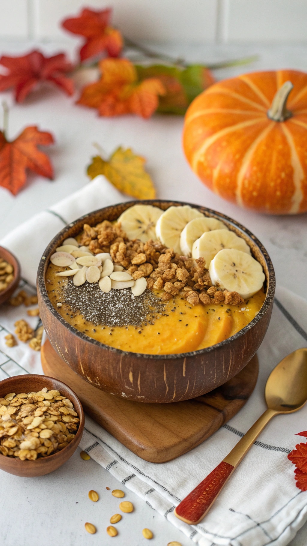 A nutritious pumpkin smoothie bowl topped with bananas, granola, chia seeds, and pumpkin seeds, surrounded by autumn leaves and a pumpkin.