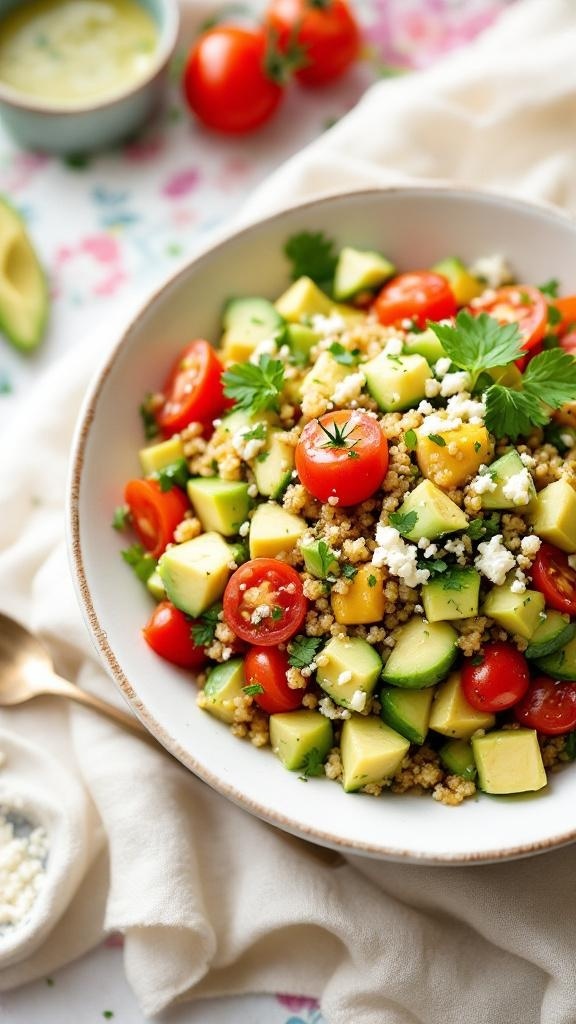 A colorful quinoa and vegetable salad bowl with cherry tomatoes, cucumbers, and avocado.