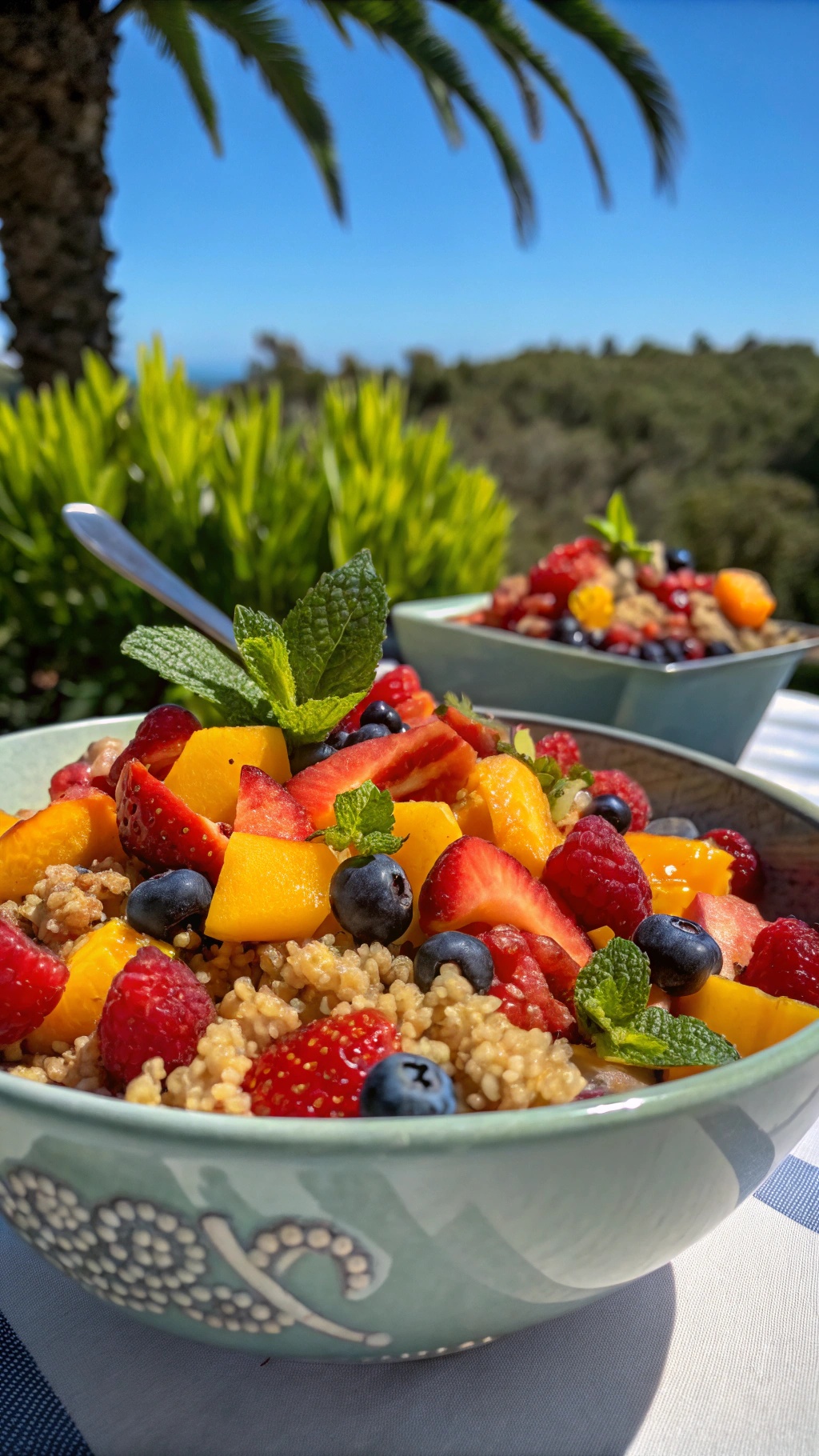A vibrant quinoa fruit salad with strawberries, blueberries, peaches, and mint, served in a bowl outdoors.
