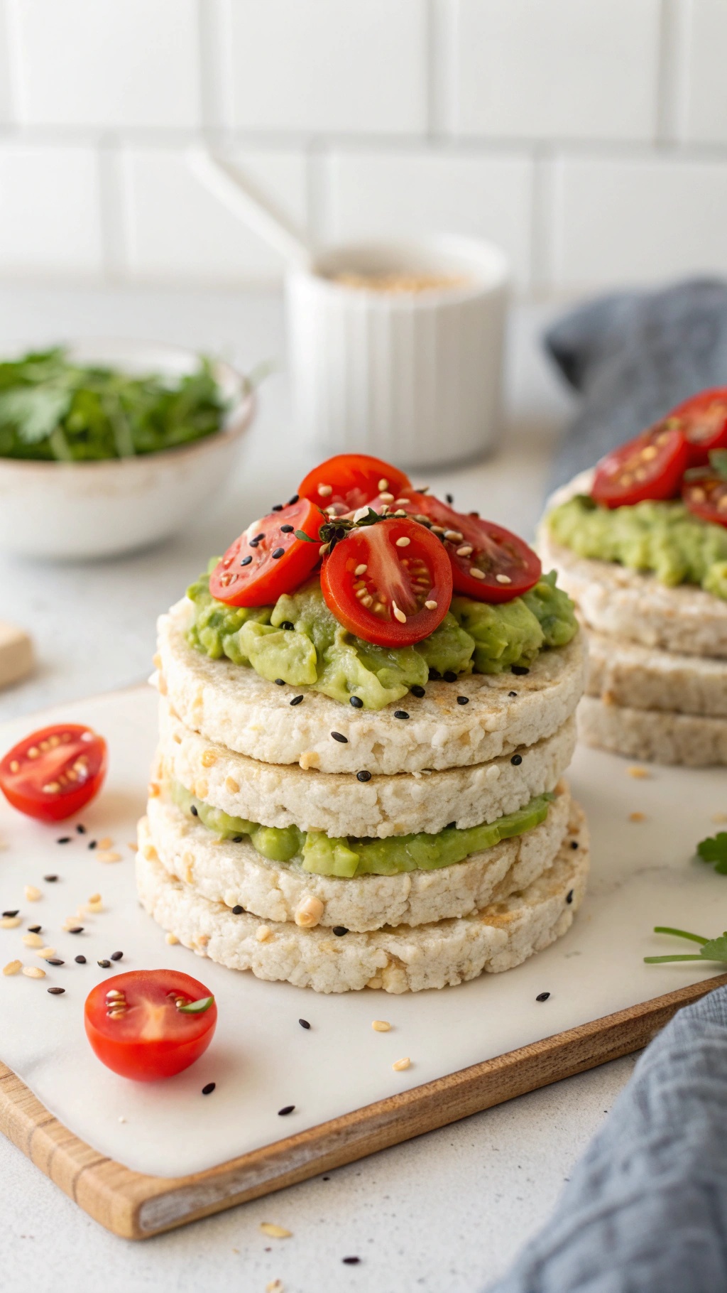 Rice cakes topped with avocado and cherry tomatoes, garnished with sesame seeds.