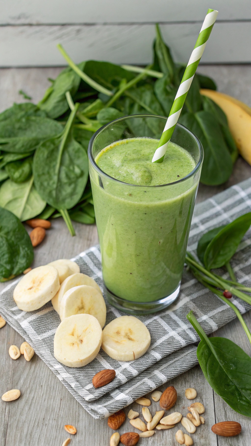 A nutritious green smoothie made with spinach and banana, garnished with banana slices and surrounded by spinach leaves and nuts.