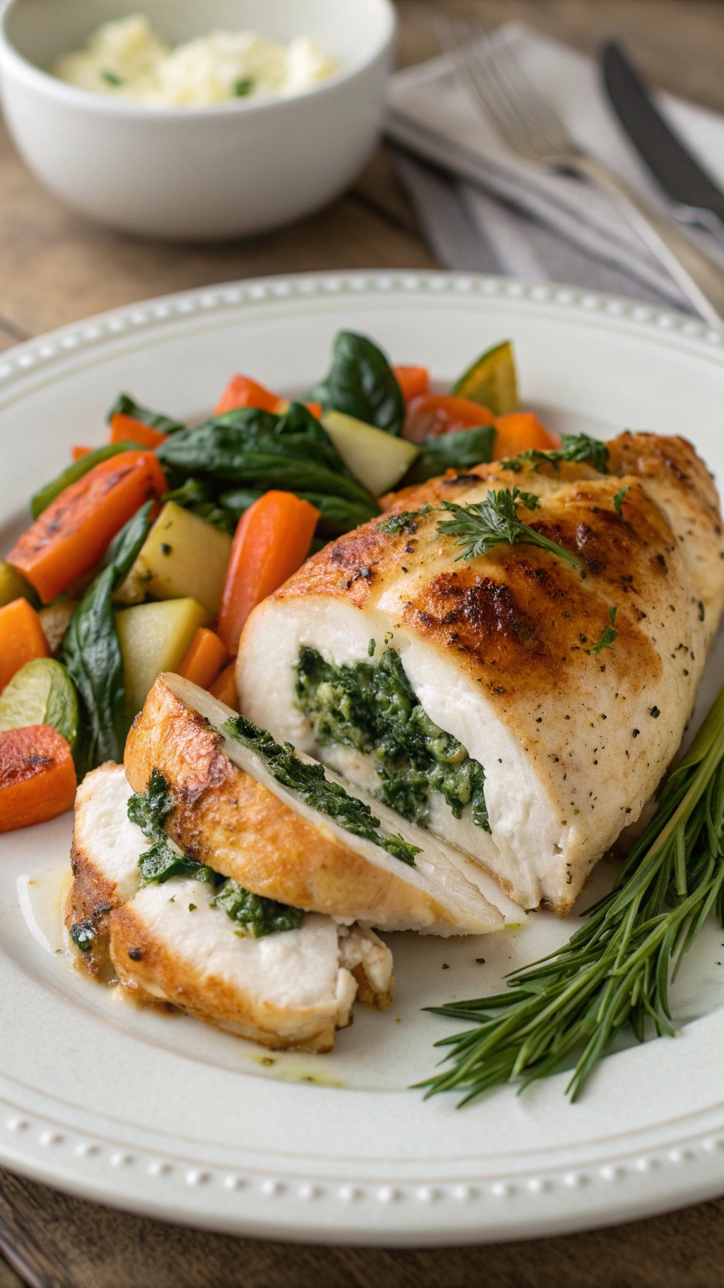 A plate featuring spinach and feta stuffed chicken breast, sliced to show the filling, accompanied by colorful roasted vegetables.