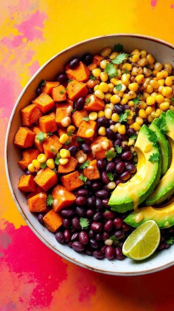 A colorful bowl featuring roasted sweet potatoes, black beans, corn, avocado slices, and lime wedges on a vibrant background.