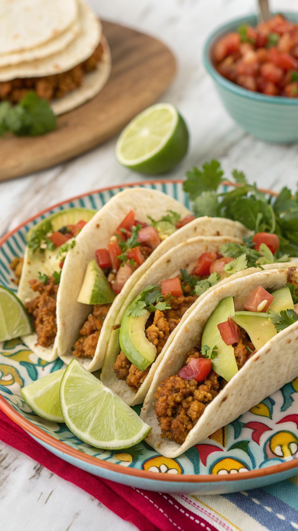 Plate of tempeh tacos with toppings and lime wedges