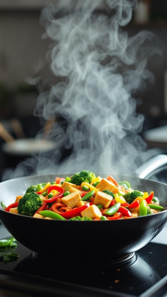 A colorful vegetable stir-fry with tofu, featuring broccoli, bell peppers, and snap peas, with steam rising from the pan.