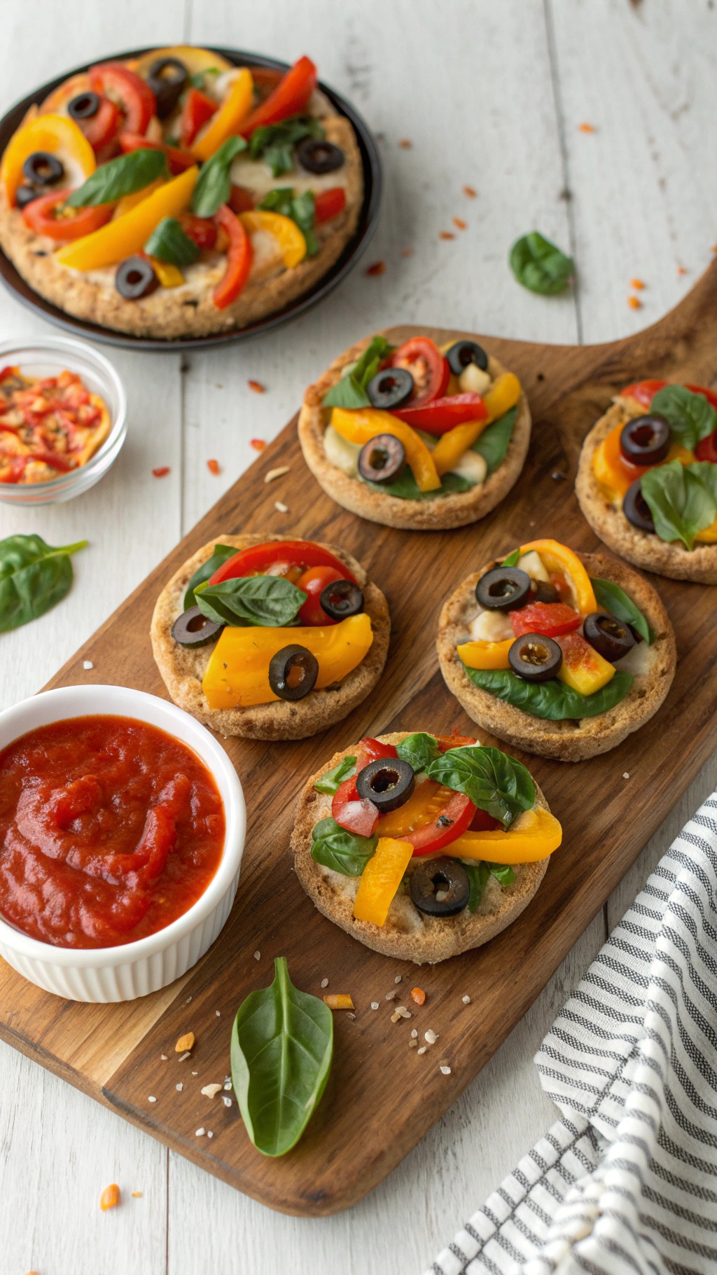 Nutritious veggie pizza bites with colorful toppings and marinara sauce