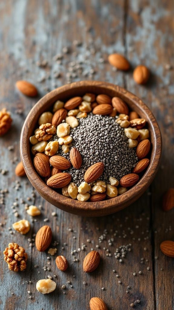 A wooden bowl filled with almonds, walnuts, and chia seeds on a rustic wooden surface.