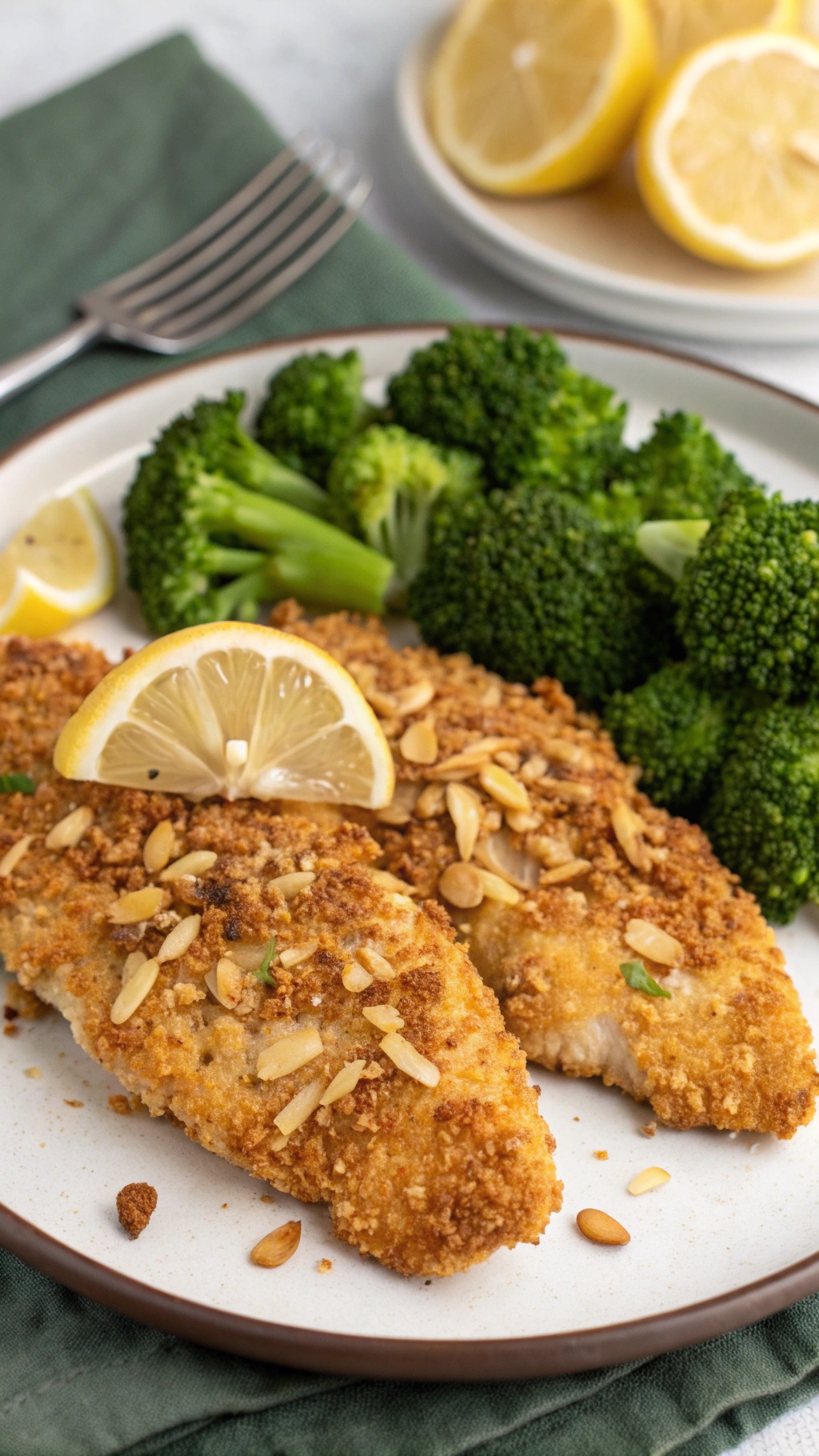 Nutty Almond-Crusted Tilapia served with broccoli and lemon wedges
