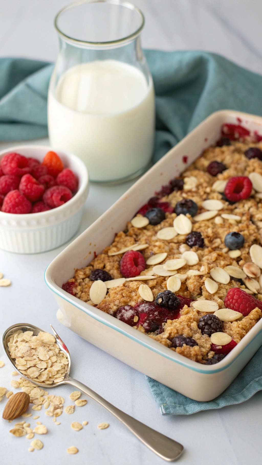 A delicious Nutty Almond and Berry Breakfast Casserole with raspberries, blueberries, and almond slices, served with a glass of milk.