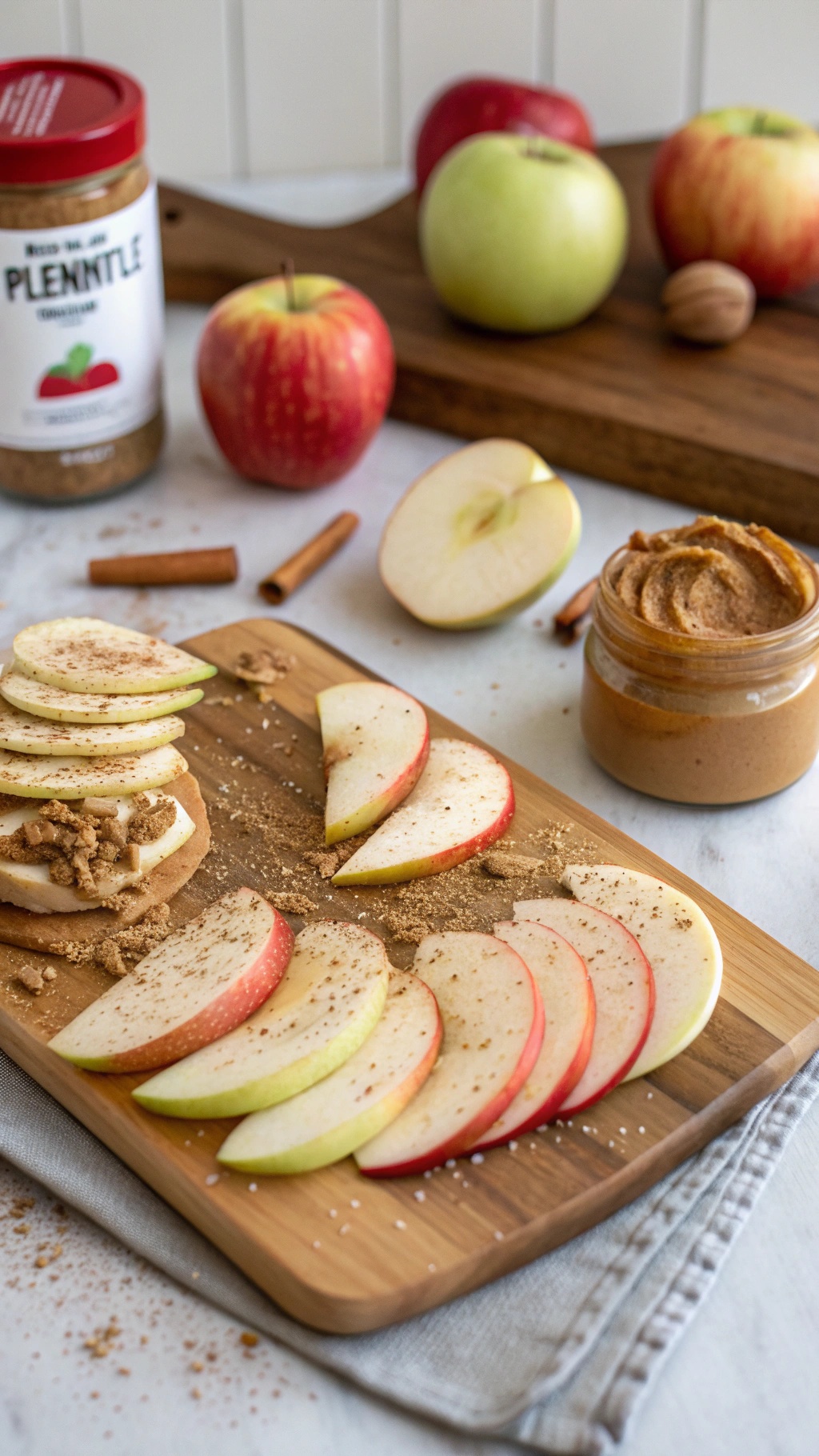 Sliced apples arranged on a wooden board with almond butter and cinnamon.