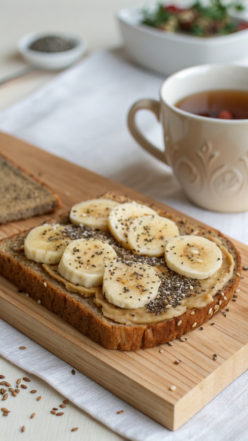 A slice of whole-grain toast topped with almond butter, banana slices, and chia seeds, with a cup of tea in the background.