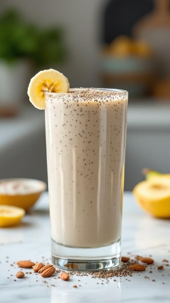 A tall glass of Nutty Almond Butter and Chia Seed Smoothie with banana slice and chia seeds on top.